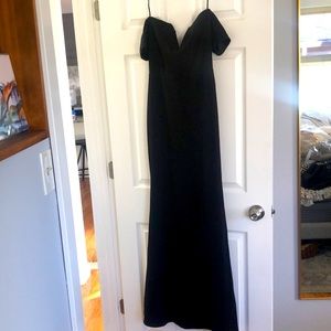 Off the shoulder, body-con, floor length, black dress